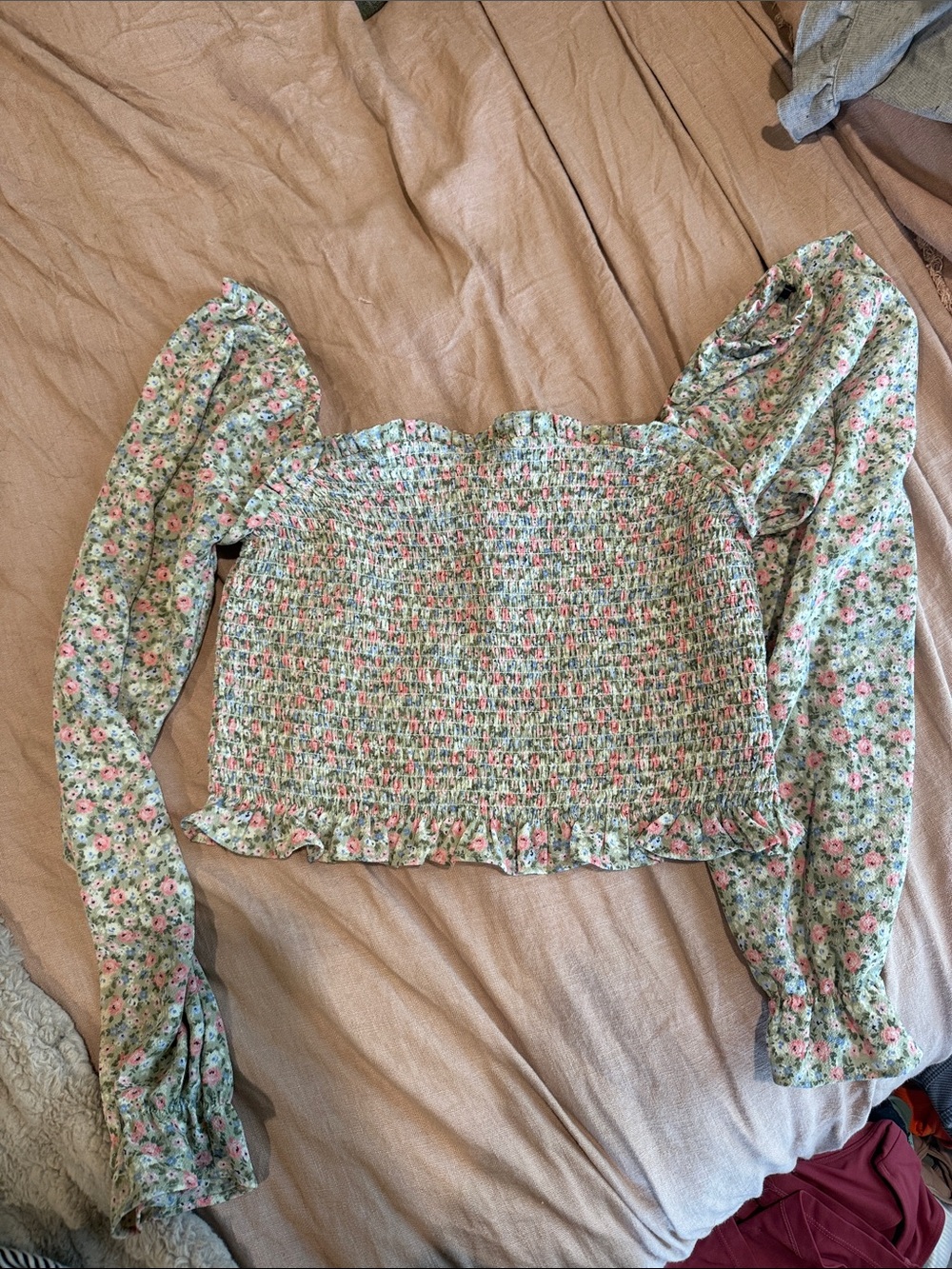 Forever 21 Green Floral Smocked Long-Sleeve Crop Top with Pink Accents